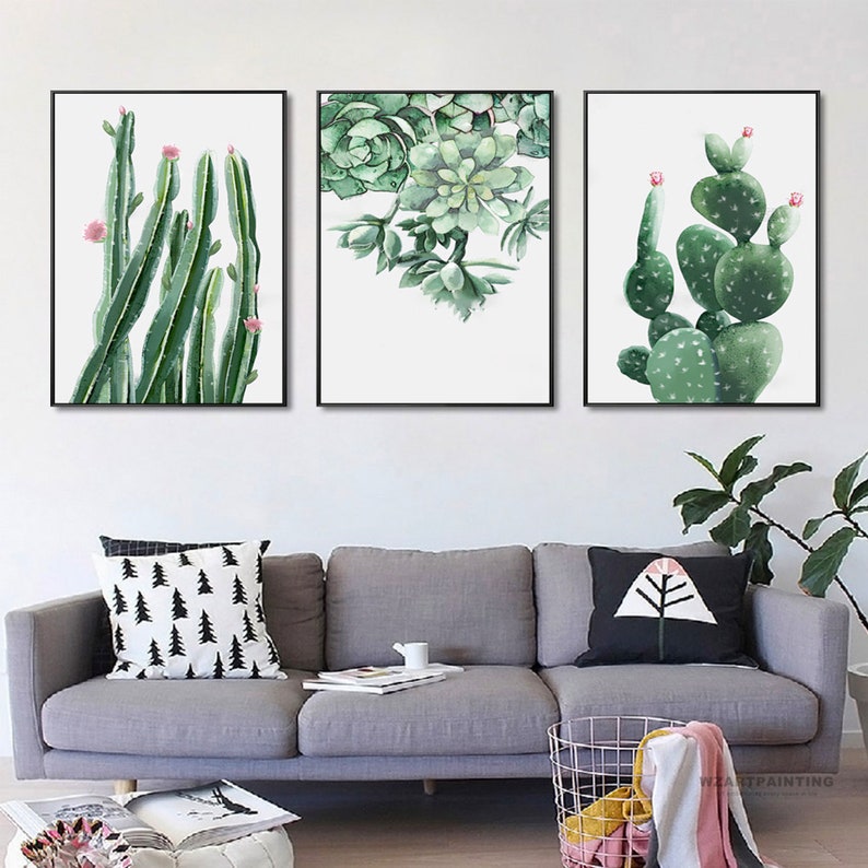 Framed Wall Art Set of 3 Modern Cactus Green Plant Print