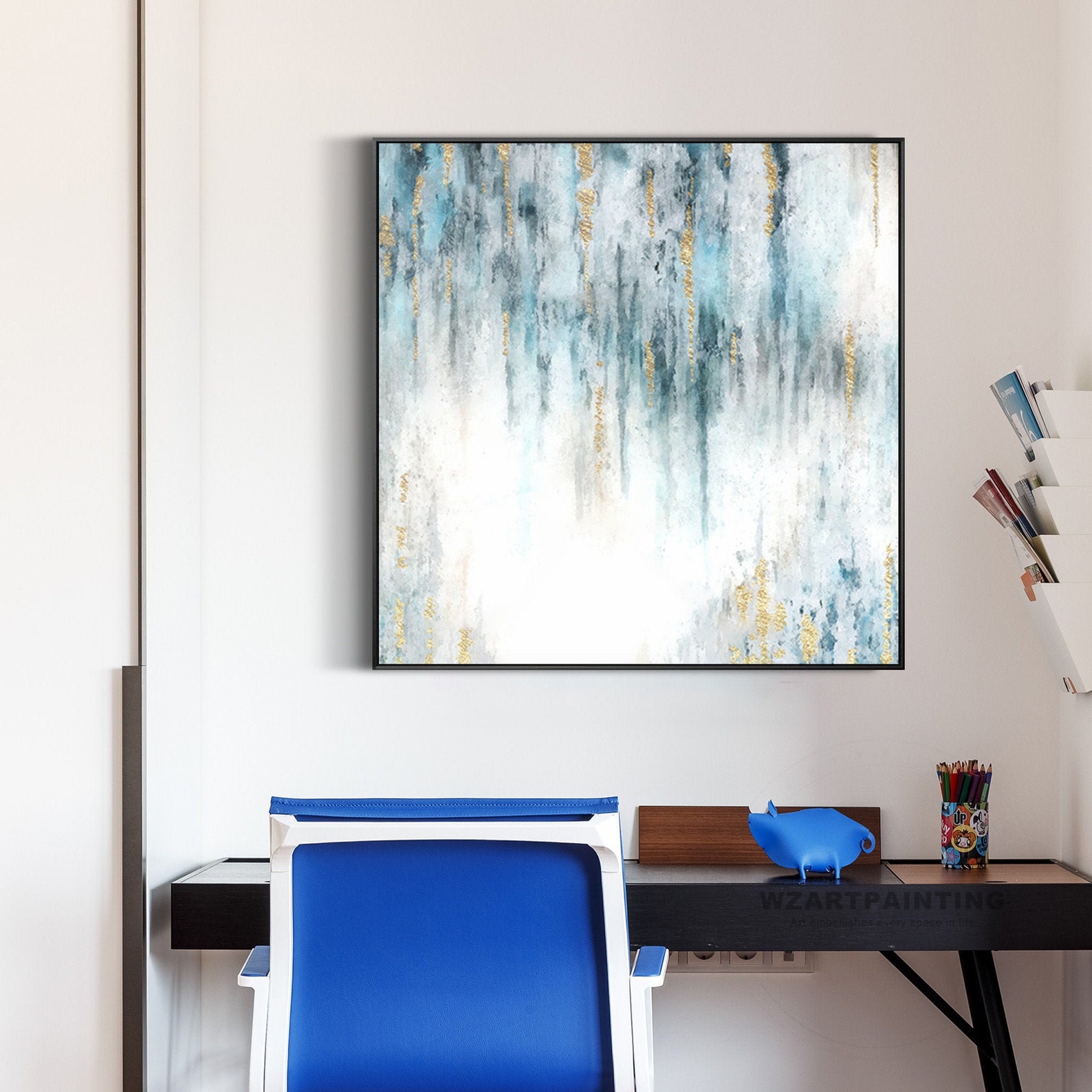 Framed Wall Art Modern Abstract Navy Blue Grey Gold Print Etsy