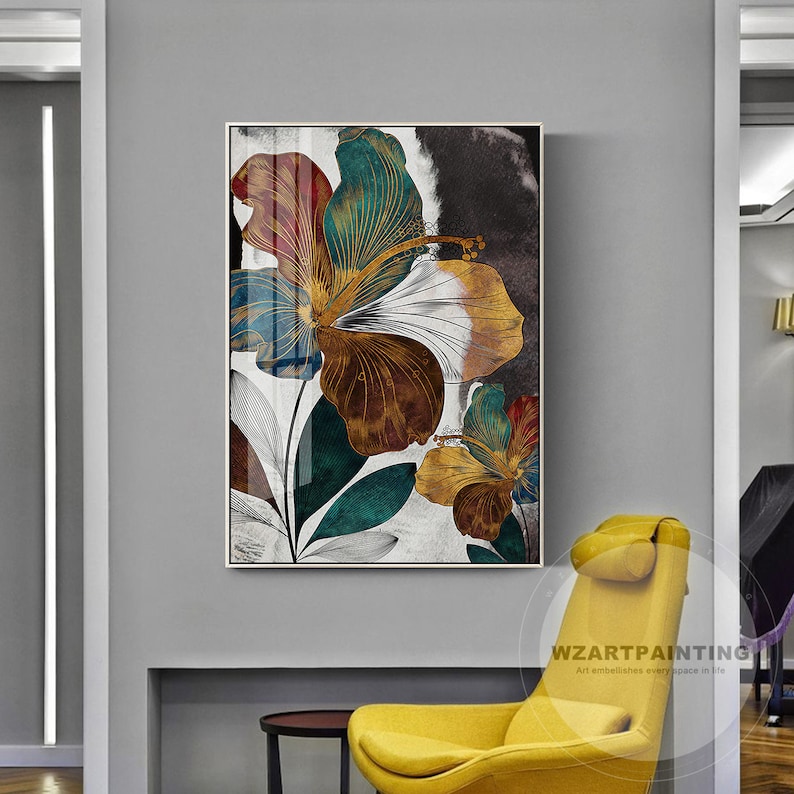 Framed Wall Art Modern Abstract Floral Flower Gold Green Leaf Etsy