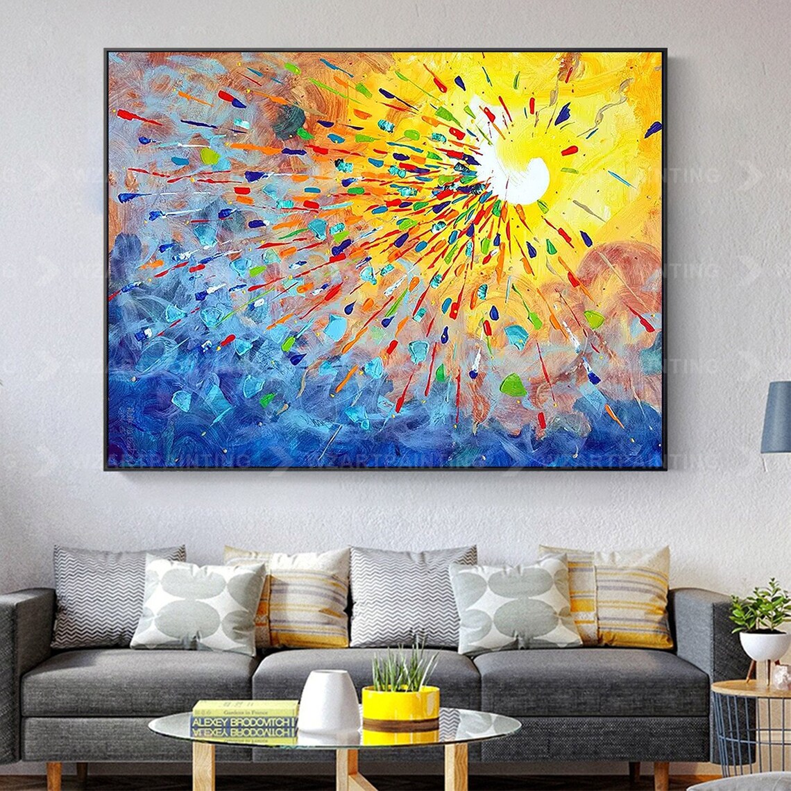 Framed Wall Art Yellow Blue Red Abstract Print on Canvas Etsy