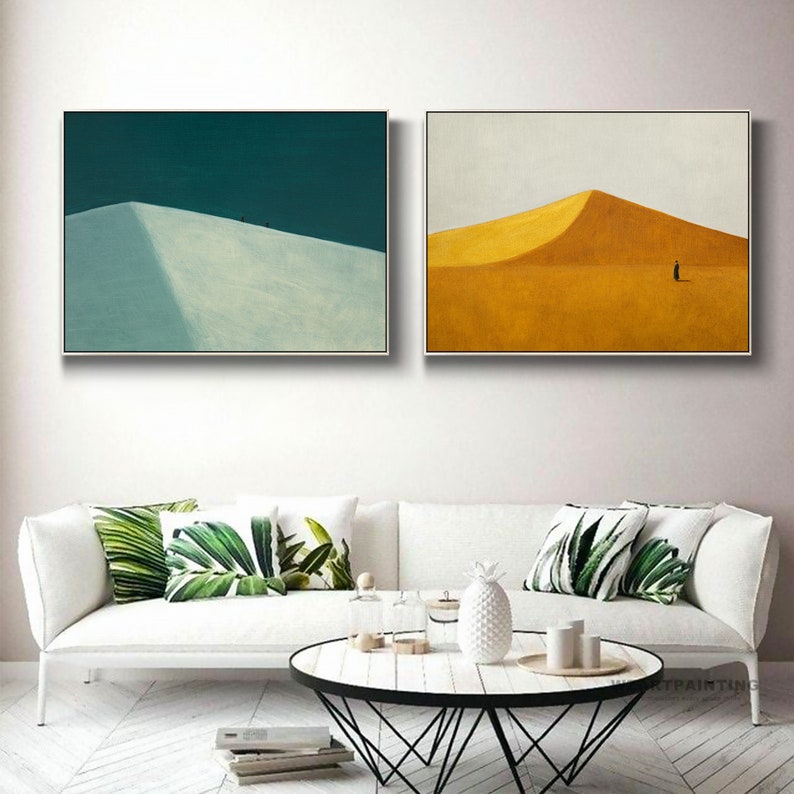 Framed Wall art Set of 2 Abstract Dark Green Yellow Desert