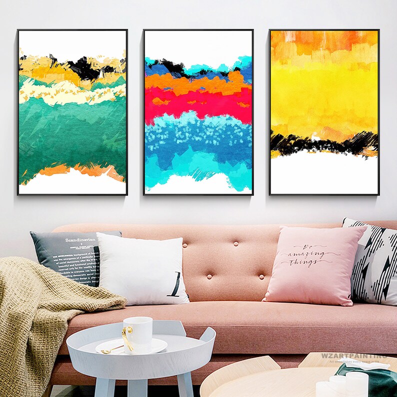 Set of 3 Prints Framed Wall Art Abstract Pink Mustard Yellow Etsy