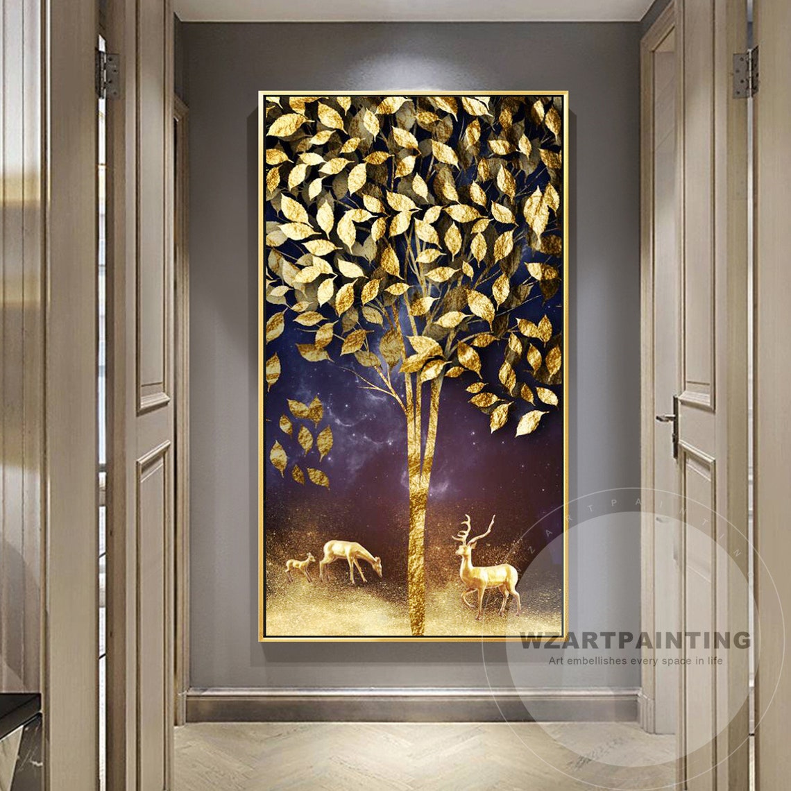 Framed Wall Art Abstract Gold Tree Deer Animal Print Painting Etsy