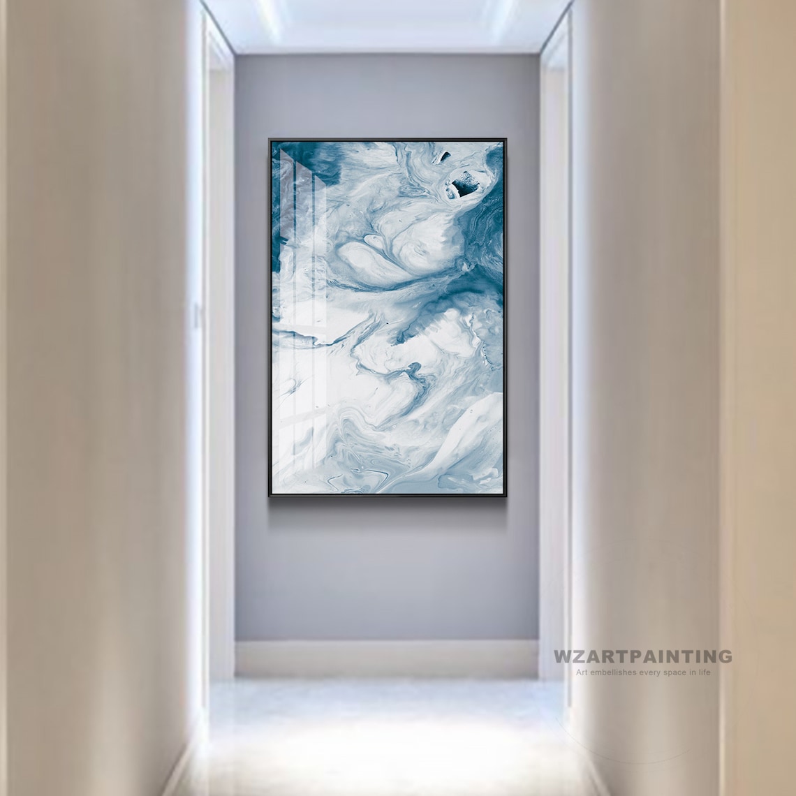 Framed Wall Art Modern Abstract Navy Blue Ocean White Print Etsy