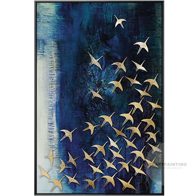 Framed Wall Art Abstract Gold Bird Blue Ocean Wave Animal Etsy