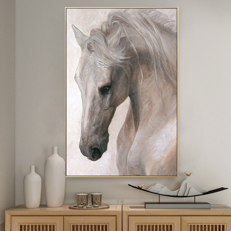 Framed Wall Art White Horse Animal Print Painting Digital Etsy