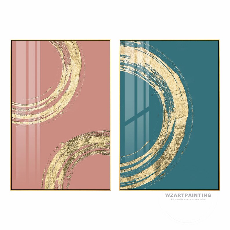 Framed Wall art Set of 2 Prints Abstract Gold Blue Pink Print Etsy