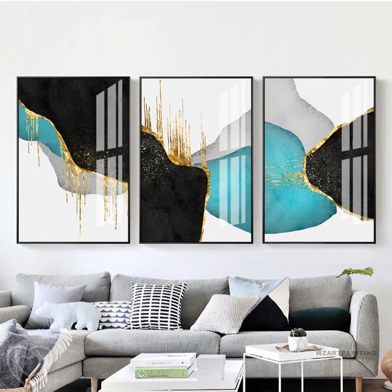 Framed Wall Art Set of 3 Prints Abstract Gold Blue Black Print Etsy