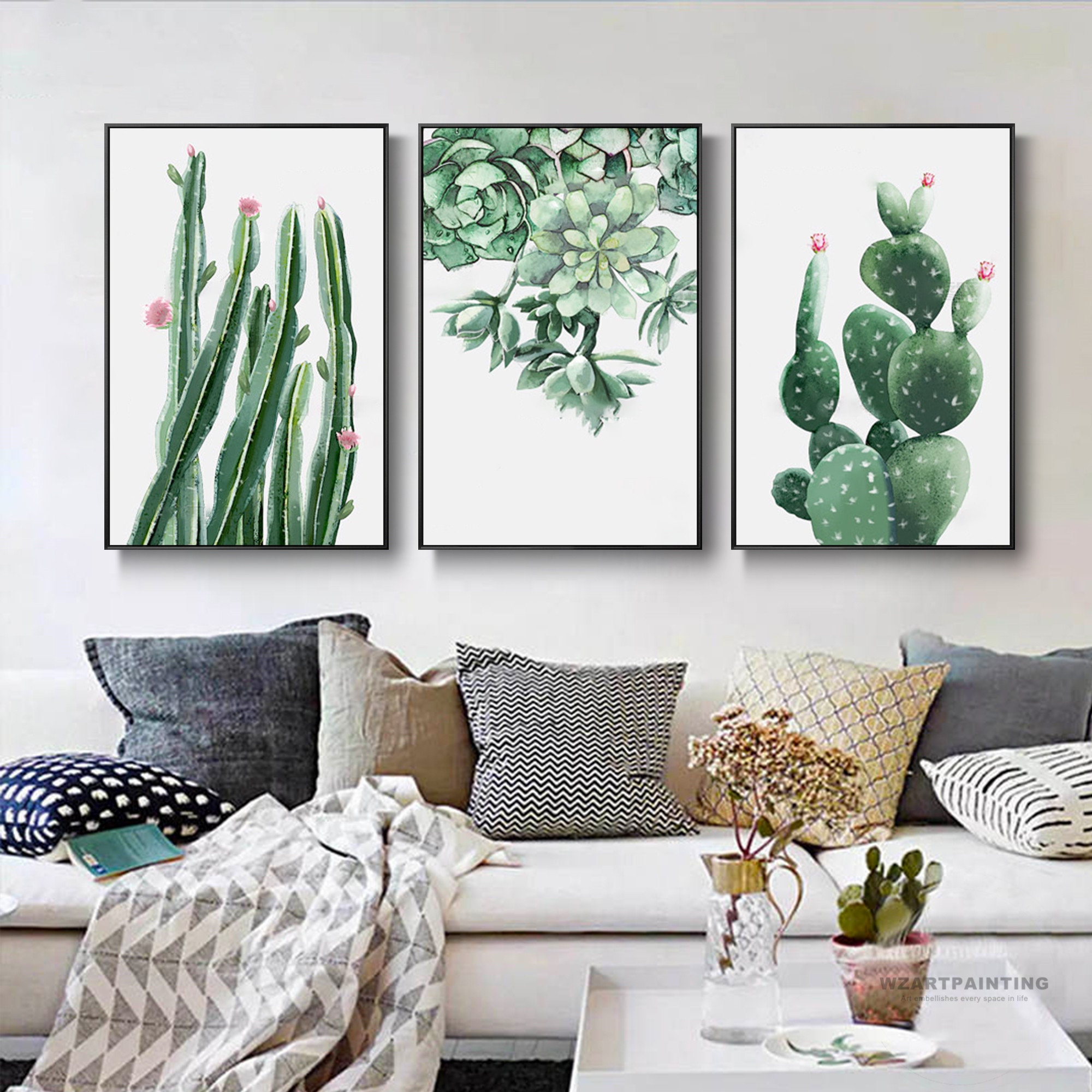 Framed Wall Art Set of 3 Modern Cactus Green Plant Print Etsy