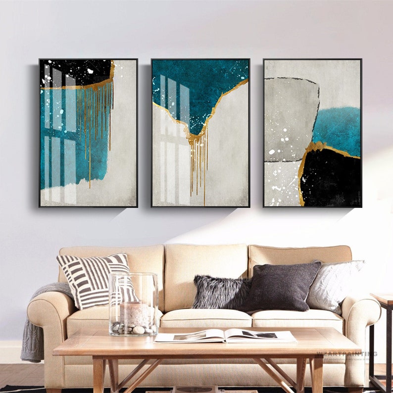 Framed Wall Art Set of 3 Prints Abstract Gold Navy Grey Blue Etsy