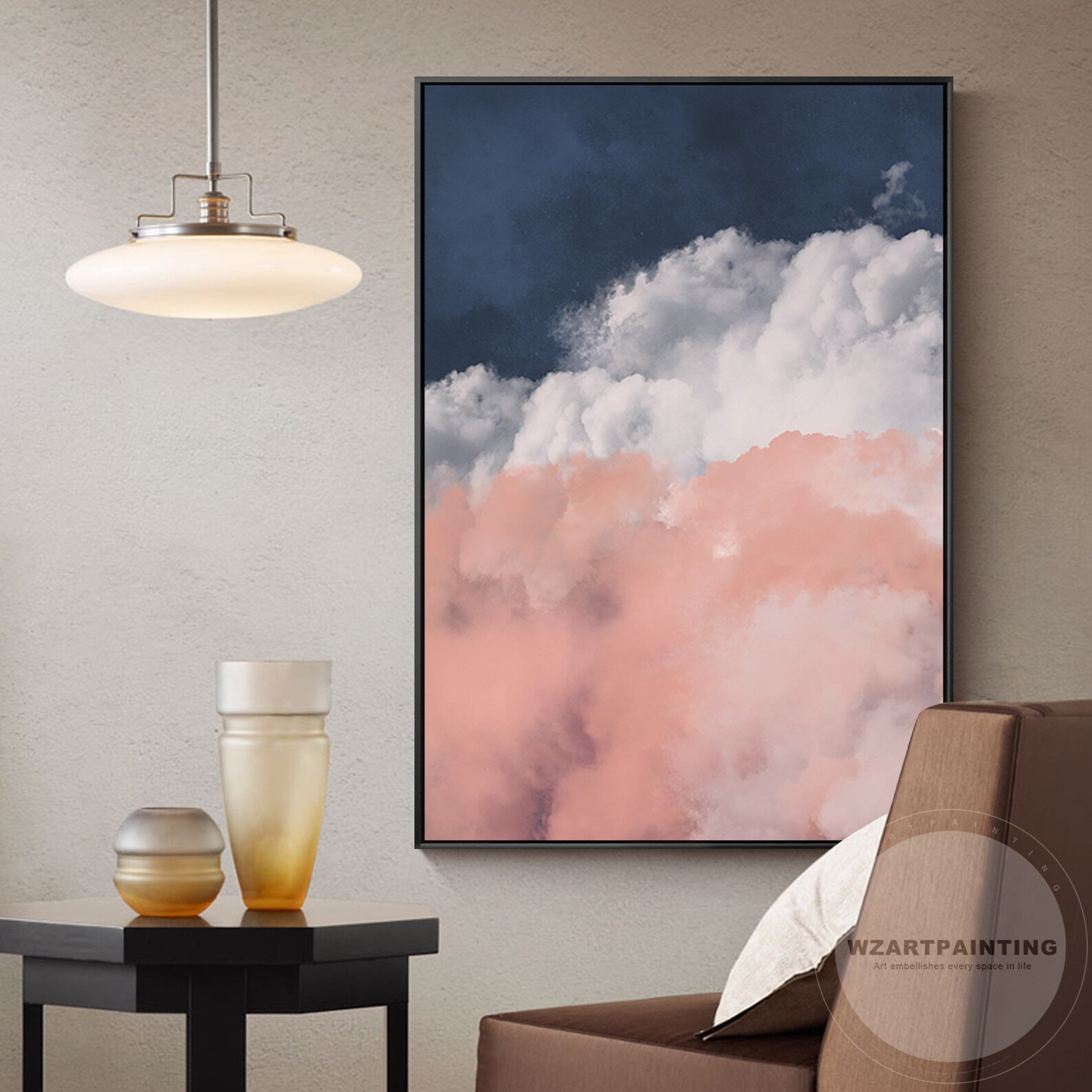 Framed Wall Art Modern Abstract Pink Navy Blue White Cloud Etsy