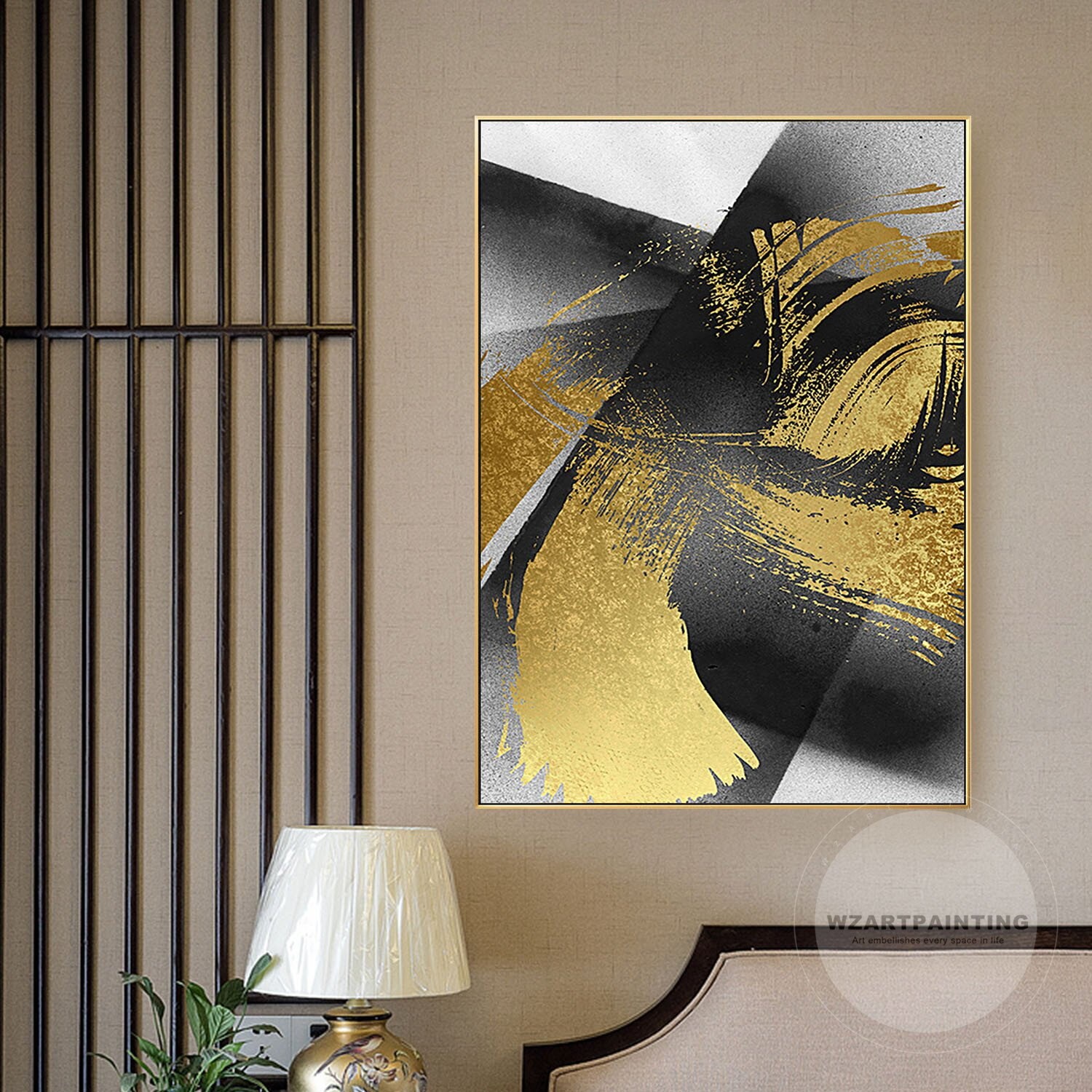Framed Wall Art Modern Abstract Gold White Black Print Etsy