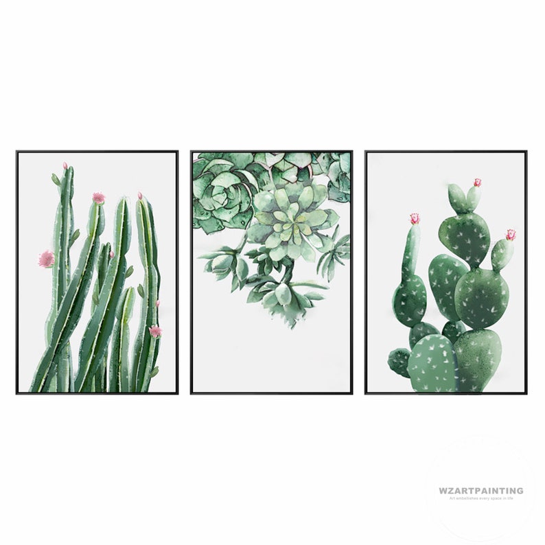 Framed Wall Art Set of 3 Modern Cactus Green Plant Print Etsy