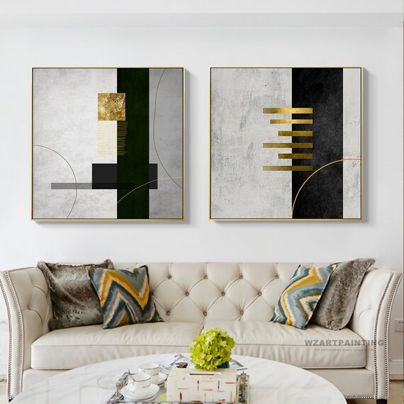 Framed Wall Art Set of 2 Prints Geometric Abstract Gold Black Etsy