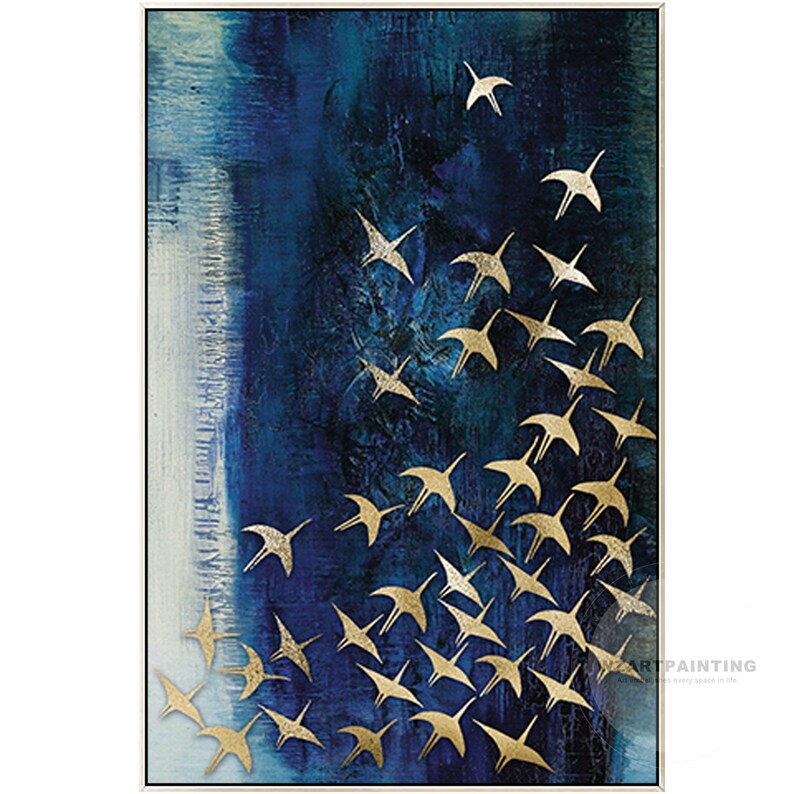 Framed Wall Art Abstract Gold Bird Blue Ocean Wave Animal Etsy