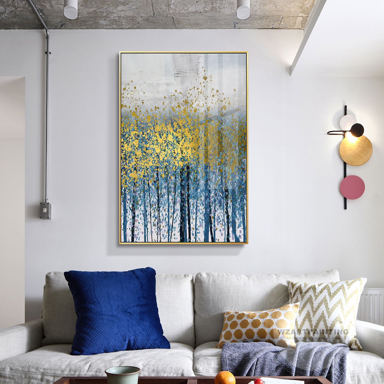 Framed Wall art Abstract Gold Tree Landscape Navy Blue Print Etsy