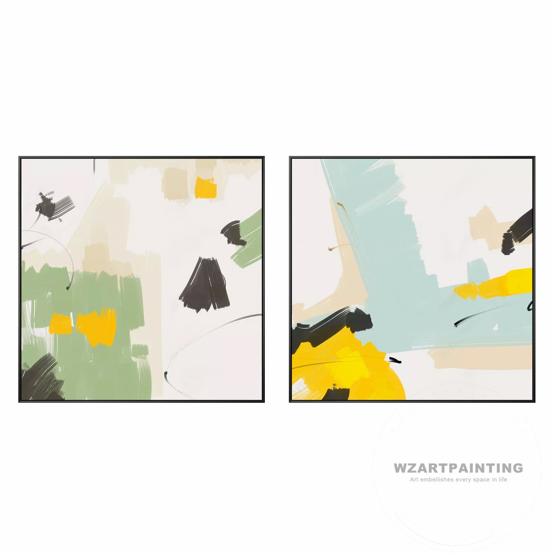 Framed Wall Art Set of 2 Prints Abstract Green Blue Yellow Etsy