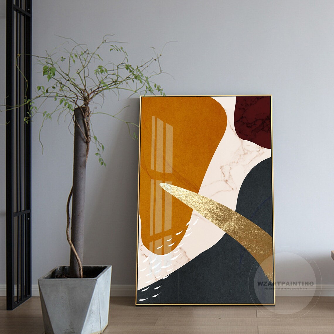 Framed Wall Art Abstract Gold Gray Print Painting Large Wall Etsy