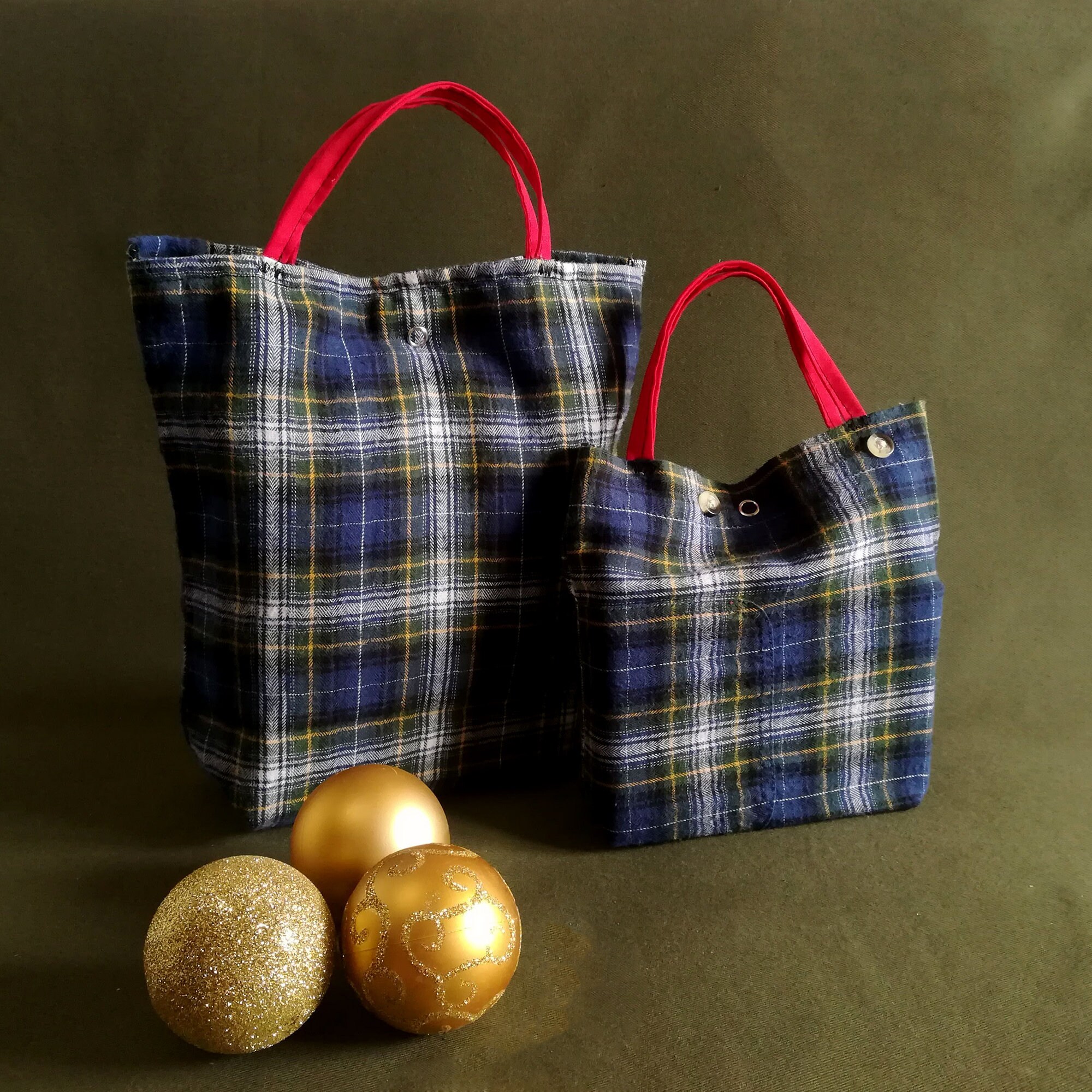 Blue & Red Checked Reusable Gift Bags / Presents / Fabric / Etsy