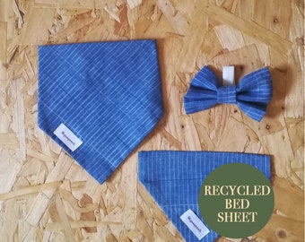 Eco Friendly Pet Accessories / Striped Blue / Pet Bandanas / Zero Waste / Tie And Snap / Dog Gift / Puppy Gift / Reused / Recycled /Handmade
