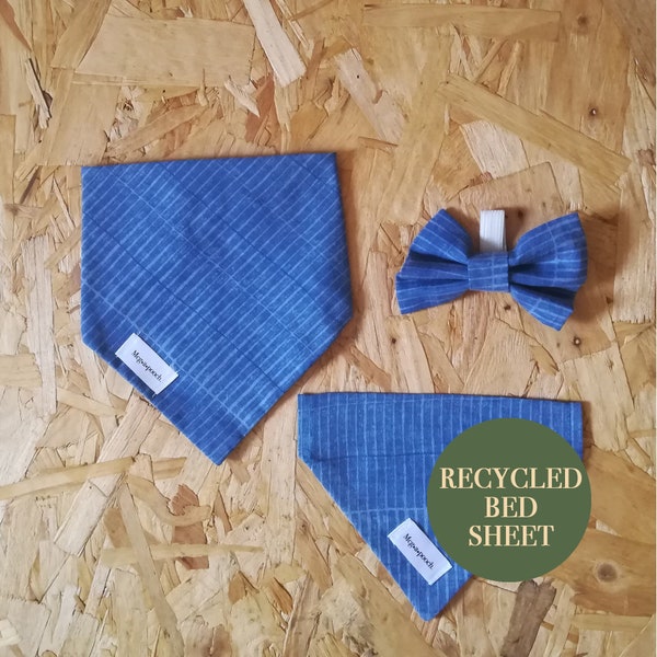 Eco Friendly Pet Accessories / Striped Blue / Pet Bandanas / Zero Waste / Tie And Snap / Dog Gift / Puppy Gift / Reused / Recycled /Handmade