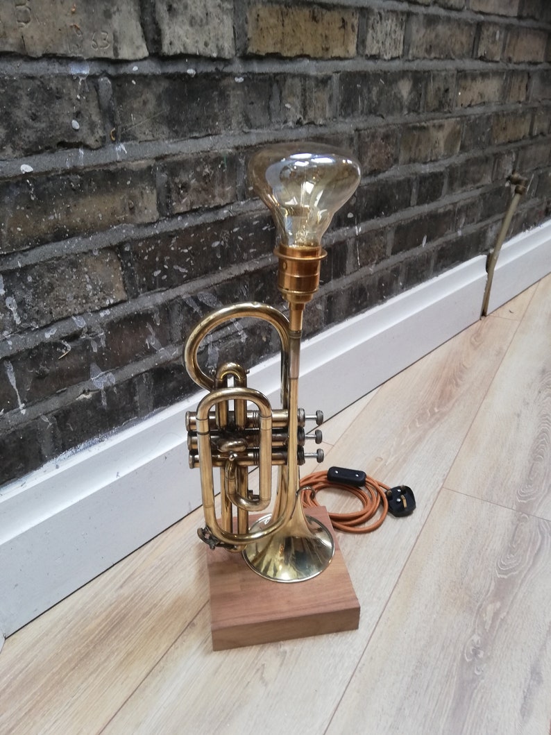 Handmade Reclaimed Wood & Brass Trumpet Table Lamp Etsy