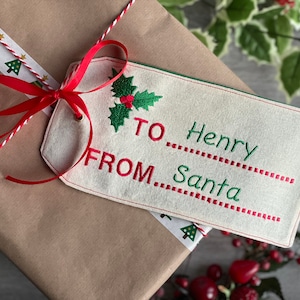 Handmade Large Novelty Fabric Christmas gift tag Santa Stocking Presents label ribbon image 1