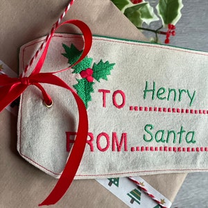 Etichetta regalo natalizia in tessuto di grandi dimensioni fatta a mano Nastro per etichetta Santa Stocking Presents immagine 3
