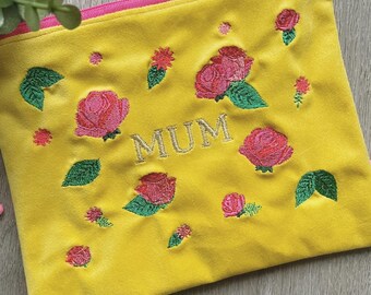 Handmade Velvet MUM Zip Pouch Mother’s Day Gifts For Her Stocking Filler Valentine’s Day Yellow Floral Embroidery