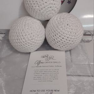 100% cotton dryer balls, vegan, eco-friendly, green. (White in color)