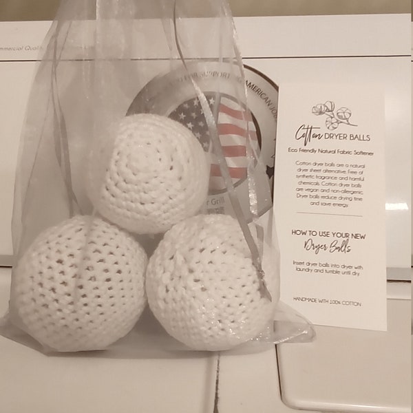 100% cotton dryer balls, vegan, eco-friendly, green. (White in color)