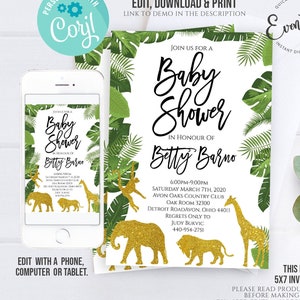 EDITABLE Safari Baby Shower Invitation Gold Jungle Baby Shower Invite Baby Shower Invitation Elephant Baby Shower Giraffe Baby Shower