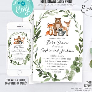 EDITABLE Woodland Baby Shower Invitation Woodland Theme Baby Shower Woodland Creatures Baby Shower Greenery Baby Shower Invitations