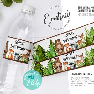 EDITABLE Woodland Baby Shower Water Bottle Label Woodland Animals Custom Water Bottle Label Woodland Creatures Water Template Label Template