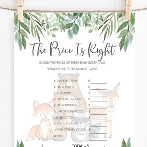 The Price Is Right Baby Shower Game Printable Woodland Baby Shower Game Forest Animal baby Shower Party Games 8 x 10 inch JPG PDF WL1