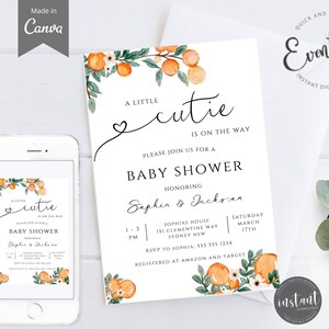 EDITABLE A Little Cutie is on the Way Greenery Orange Gender Neutral Couples Baby Shower Invitation Clementine Baby Shower Invitation