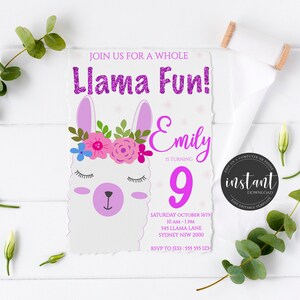 Llama Birthday Invitation, A Whole Llama Fun, Fiesta Birthday Invitation, Fiesta, Editable, Instant Download, Personalized, 5x7 inch,PDF, L1