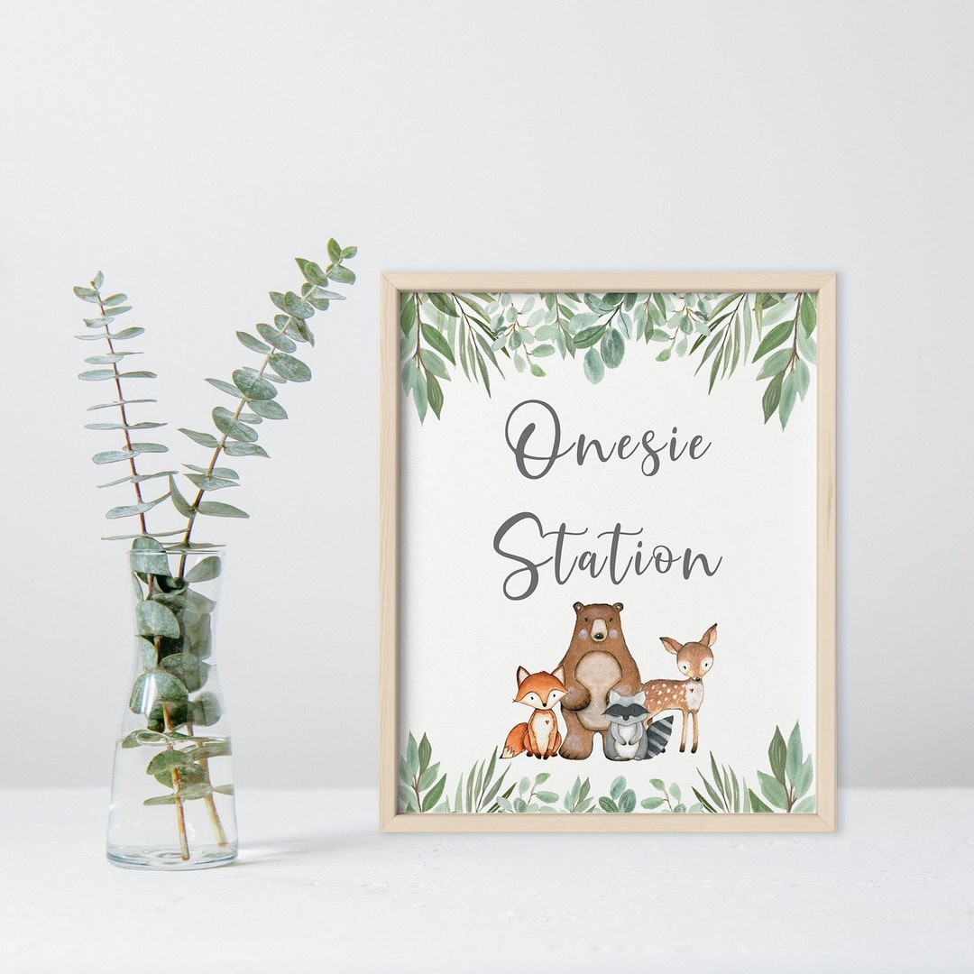 Printable Baby Shower Onesie Station Sign Woodland Baby Shower Onesie ...