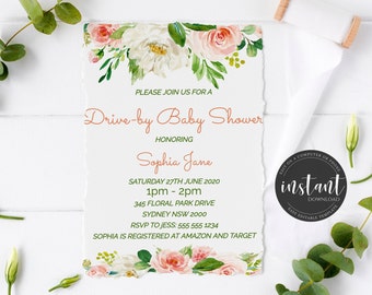 Pink Floral Drive By Baby Shower Invitation Floral Baby Shower Invite Girl Baby Shower Instant Download Editable Personalize 5x7 inch PDF F1