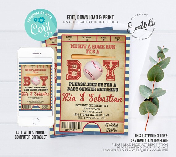 EDITABLE Baseball Baby Shower Invitation Sports Baby Shower | Etsy