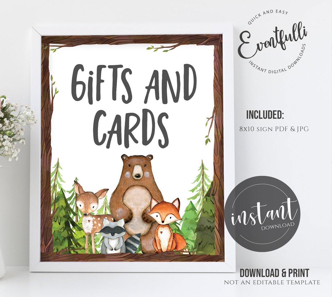 Woodland Baby Shower Cards and Gifts Sign Woodland Baby Shower Gifts ...