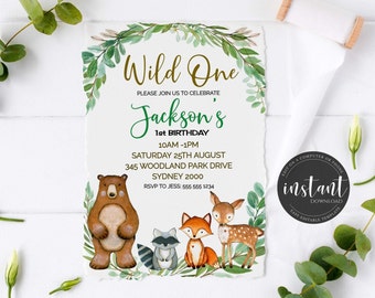 EDITABLE Wild One Greenery Woodland Animals Birthday Invitation First Birthday Instant Download Personalize 5 x 7 inch PDF WL1