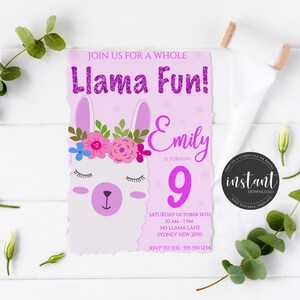 Llama Birthday Invitation, A Whole Llama Fun, Fiesta Birthday Invitation, Fiesta, Editable, Instant Download, Personalized, 5x7 inch,PDF, L2