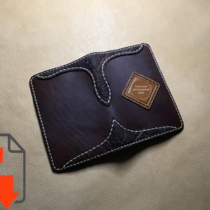 May include: A brown leather wallet with white stitching and a brown leather patch that says "YOUR LOGO OR DECORATOR HERE".