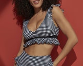 Womens High Waisted Plaid Bikini Ruffled Swimwear 2 Piece Set Frill Bikini Set Two Piece 1547