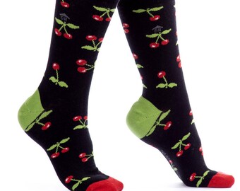 Cherry Design Socks, Cherry Pattern Socks, Fruit Socks, Colorful Socks, Cozy Socks, Stylish Socks, Everyday Socks, Crazy Socks