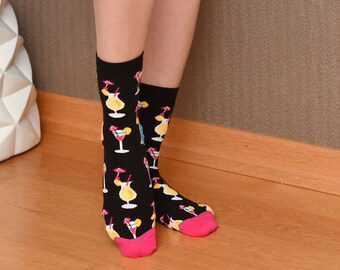 Coctail Design Socks, Cocktail Pattern Socks, Drinks Socks, Wine Socks, Alcohol Socks, Novelty Socks, Crazy Socks, Ladies Socks