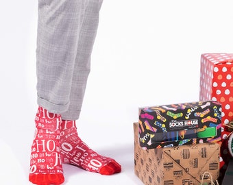 Red Ho ho Ho Christmas Print Socks, Ho Ho Ho Red Christmas Patterned Socks, Casual Socks, Comfortable Socks, Holiday Socks, Xmas socks