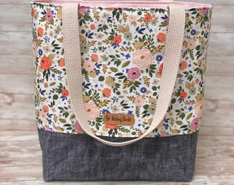 Floral Tote Bag, Summer Tote Bag, Waxed Canvas Tote, Market Tote, Teacher Bag