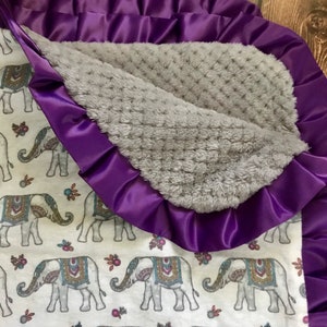 Satin Trim Elephant Ruffle Baby Blanket Elephant Baby Blanket Elephant Nursery Elephant Baby Gift
